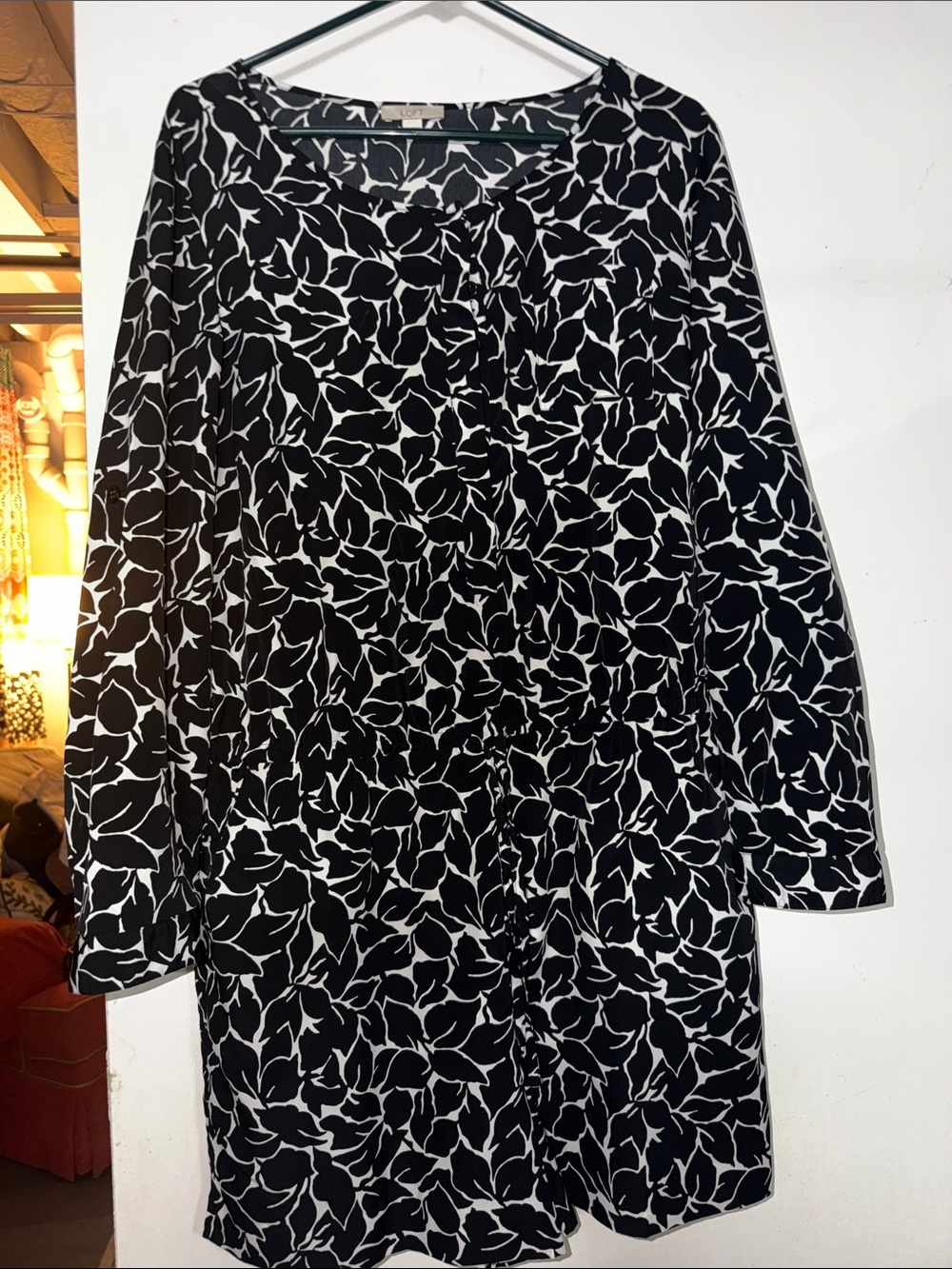 LOFT Black and White Long-Sleeve Floral Tunic Romper